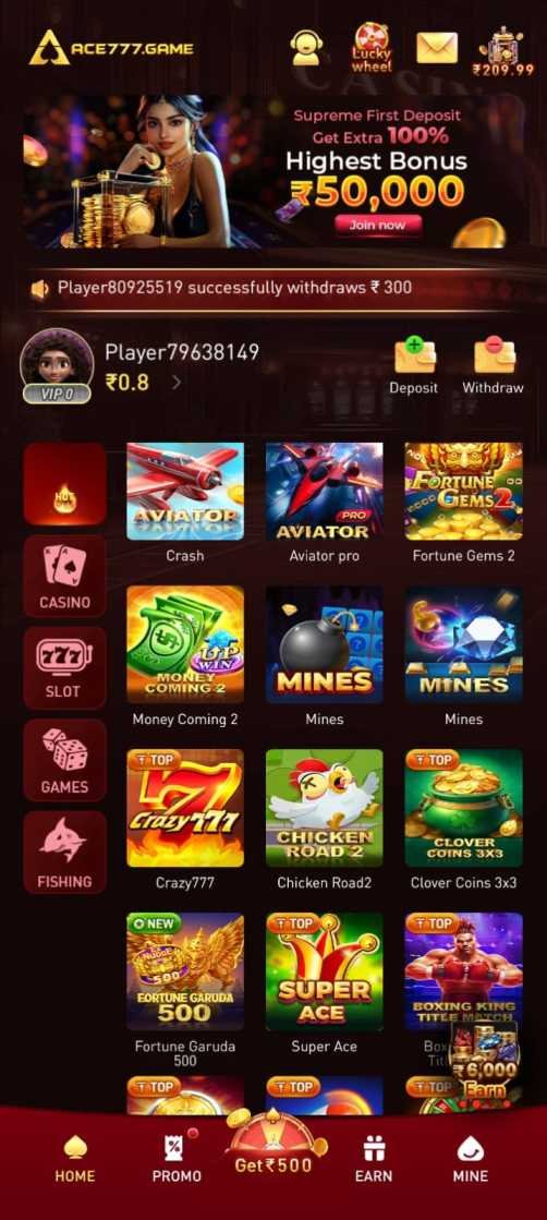 ACE777 App mobile gaming dashboard with casino and slot game features